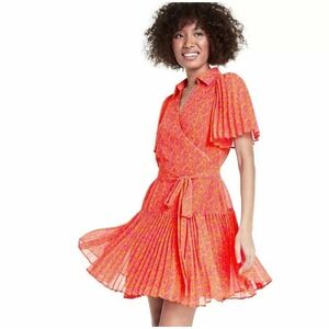 ALEXIS x Target Wrap‎ Dress Orange Pink Floral Flutter Sleeve Pleated Size XS